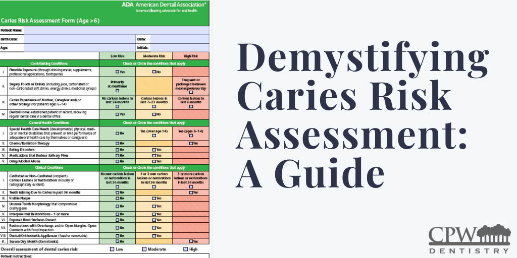 Informational dental image with ADA’s caries risk form for children over six on the left, and bold text “Demystifying Caries Risk Assessment: A Guide” on the right.