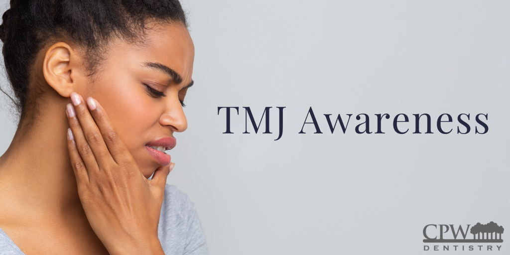 Graphic for TMJ Awareness Month showing a woman in pain holding her jaw, with the message “November is TMJ Awareness Month” and CPW Dentistry branding.